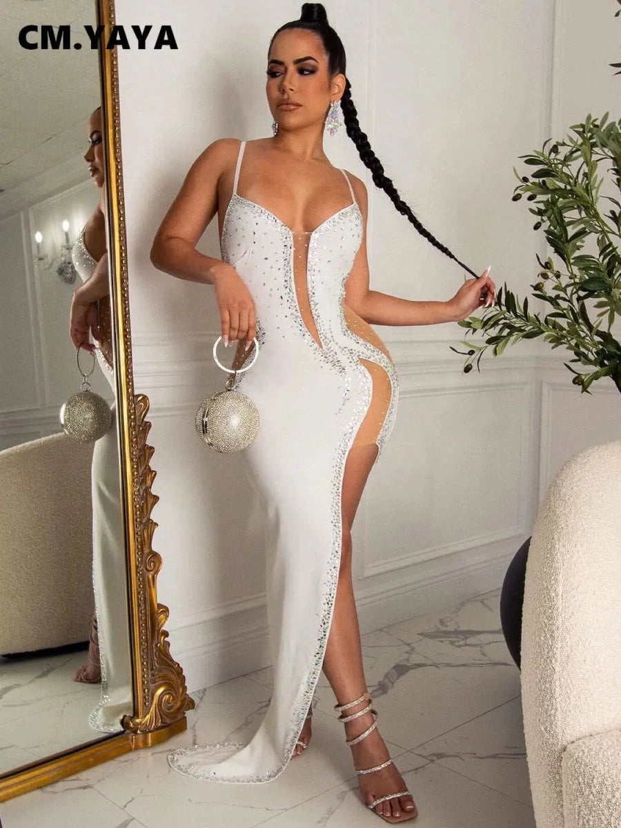CM.YAYA Evening Dresses Women Diamonds Hot Drill Spaghetti Strap Mesh Patchwork High Low Asymmetrical Maxi Sexy Prom Dress WHITE CM.YAYA Evening Dresses Women Diamonds Hot Drill Spaghetti Strap Mesh Patchwork High Low Asymmetrical Maxi Sexy Prom Dress - shop_name
