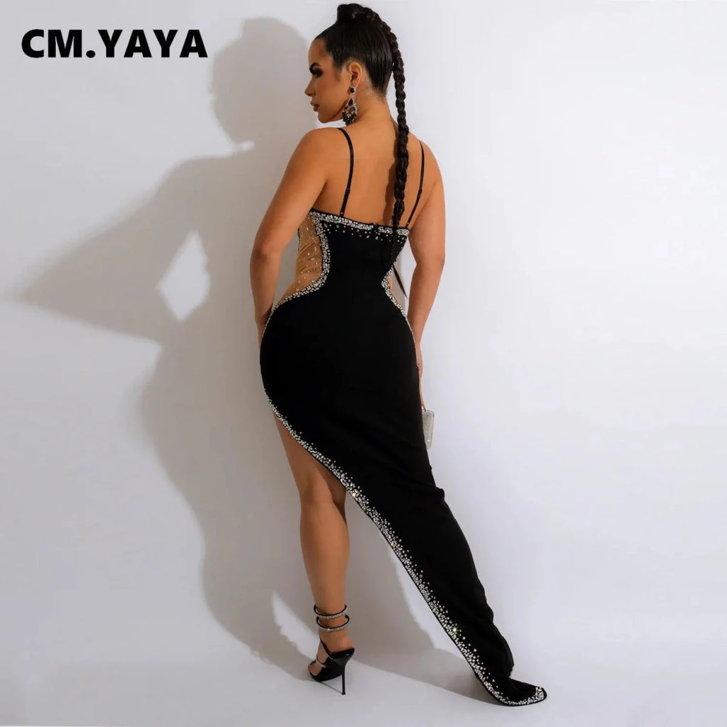 CM.YAYA Evening Dresses Women Diamonds Hot Drill Spaghetti Strap Mesh Patchwork High Low Asymmetrical Maxi Sexy Prom Dress WHITE CM.YAYA Evening Dresses Women Diamonds Hot Drill Spaghetti Strap Mesh Patchwork High Low Asymmetrical Maxi Sexy Prom Dress - shop_name