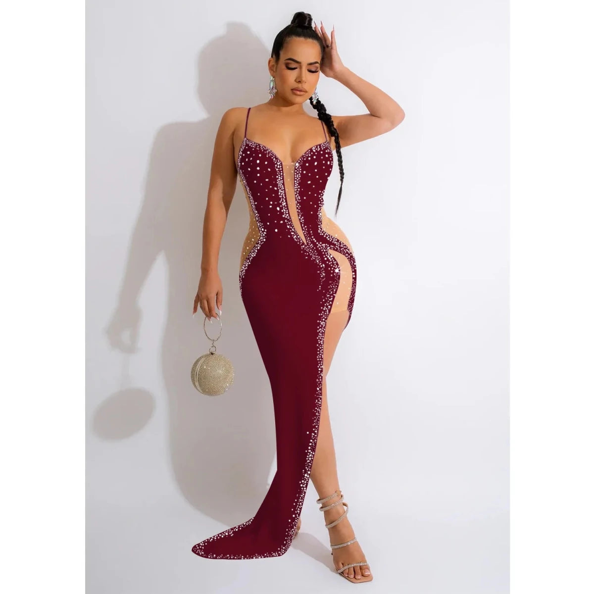CM.YAYA Evening Dresses Women Diamonds Hot Drill Spaghetti Strap Mesh Patchwork High Low Asymmetrical Maxi Sexy Prom Dress Claret CM.YAYA Evening Dresses Women Diamonds Hot Drill Spaghetti Strap Mesh Patchwork High Low Asymmetrical Maxi Sexy Prom Dress - shop_name
