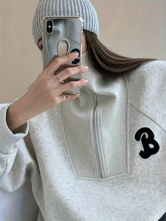 Cotton Sweatshirt for Women - Oversized High-Neck Hoodie with Letter Pattern, Knit Fabric, Spring/Fall Collection - Fashionable Streetwear Brand Style - Update Avenue 