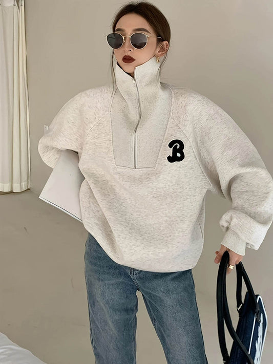 Cotton Sweatshirt for Women - Oversized High-Neck Hoodie with Letter Pattern, Knit Fabric, Spring/Fall Collection - Fashionable Streetwear Brand Style - Update Avenue 