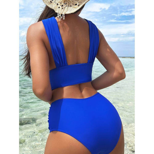 Cross-halterneck Pleated Swimsuit Solid Color Sexy Summer Beach Vacation Swimsuit - Update Avenue 