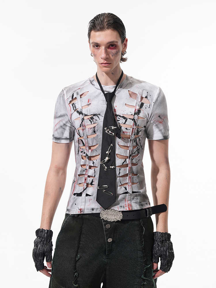 Cut Hollow - out Tight Short T-shirt Men's Stretch Short Sleeve White Cut Hollow - out Tight Short T-shirt Men's Stretch Short Sleeve - shop_name