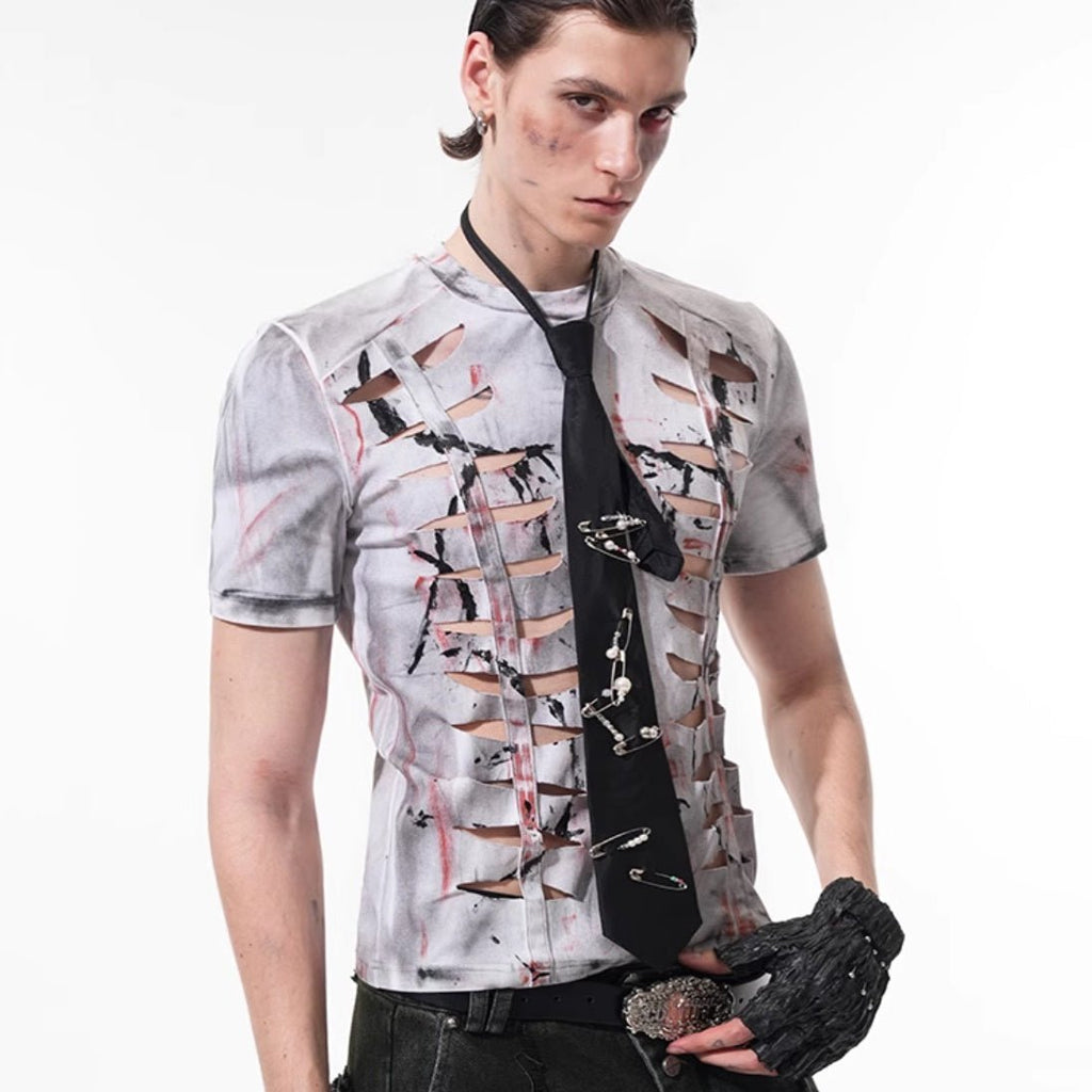 Cut Hollow - out Tight Short T-shirt Men's Stretch Short Sleeve White Cut Hollow - out Tight Short T-shirt Men's Stretch Short Sleeve - shop_name