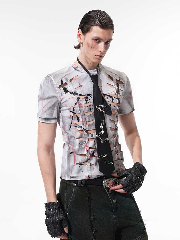 Cut Hollow - out Tight Short T-shirt Men's Stretch Short Sleeve White Cut Hollow - out Tight Short T-shirt Men's Stretch Short Sleeve - shop_name