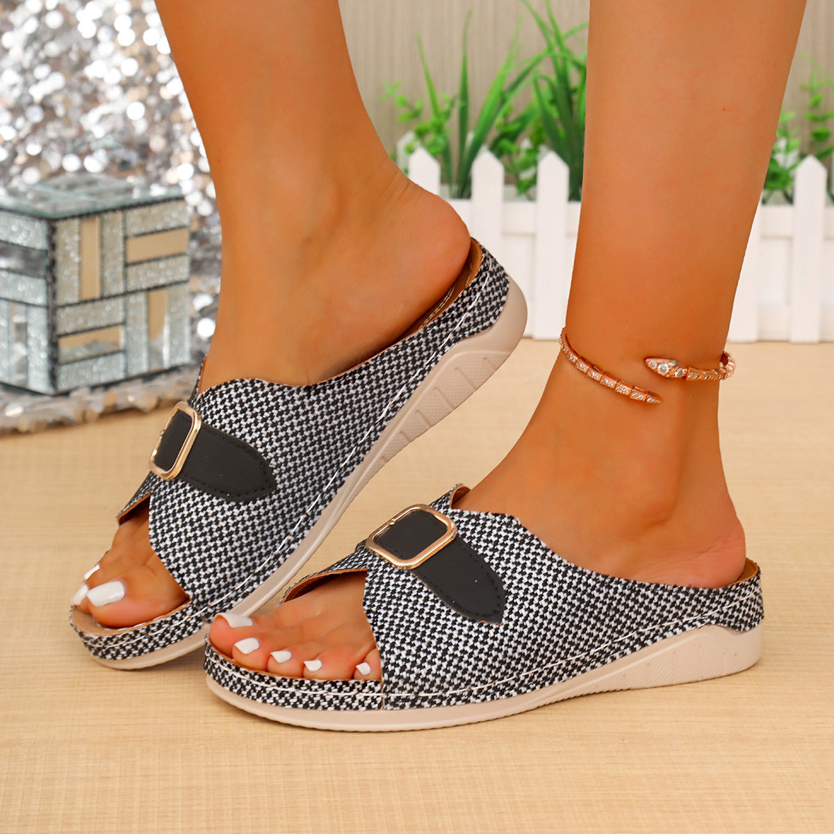 Summer Buckle Wedges Sandals Peep-toe Platform Slippers Women's Thick-soled Beach Shoes null