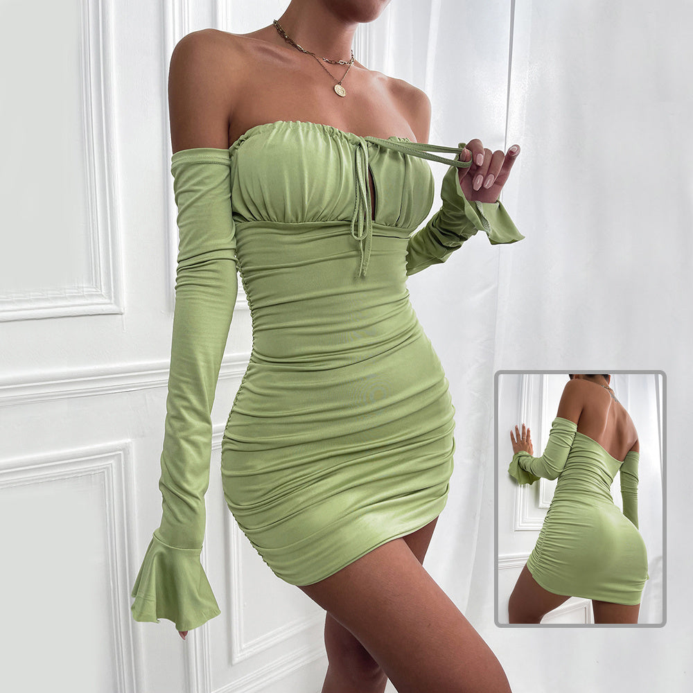 Fashion Slim Off-shoulder Long Sleeve Dress Sexy Tie Pleated Short Dresses Womens Clothing null