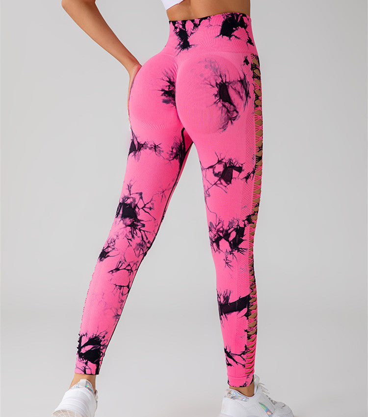 Hollow Tie Dye Printed Yoga Pants High Waist Butt Lift Seamless Sports Gym Fitness Leggings Slim Pants For Women Tight Trousers null