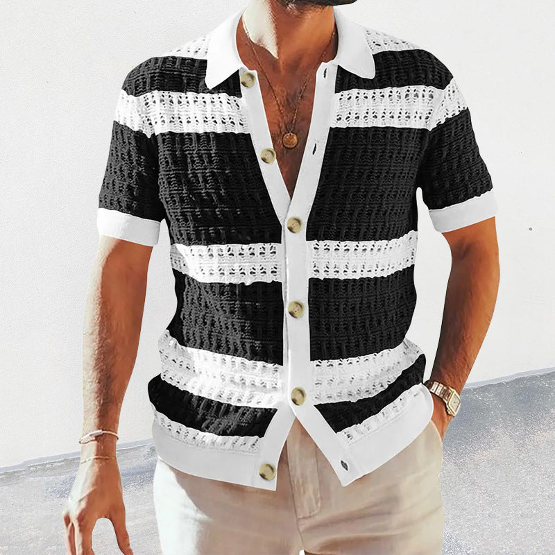 Summer Luxury Fashion New Knitted Shirt Men's Polo Neck Short Sleeve Colored Hollow Breathable Cardigan Men's Top Coat null