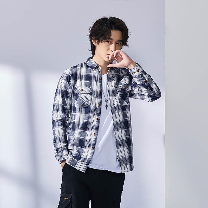 Men's Casual Plaid Lapel Long-sleeve Shirt