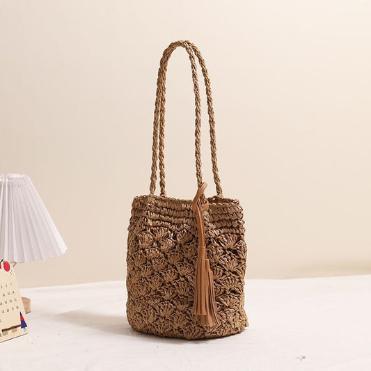 Fashion Tassel Shoulder Straw Bag Fan Hollow Beach Bag null