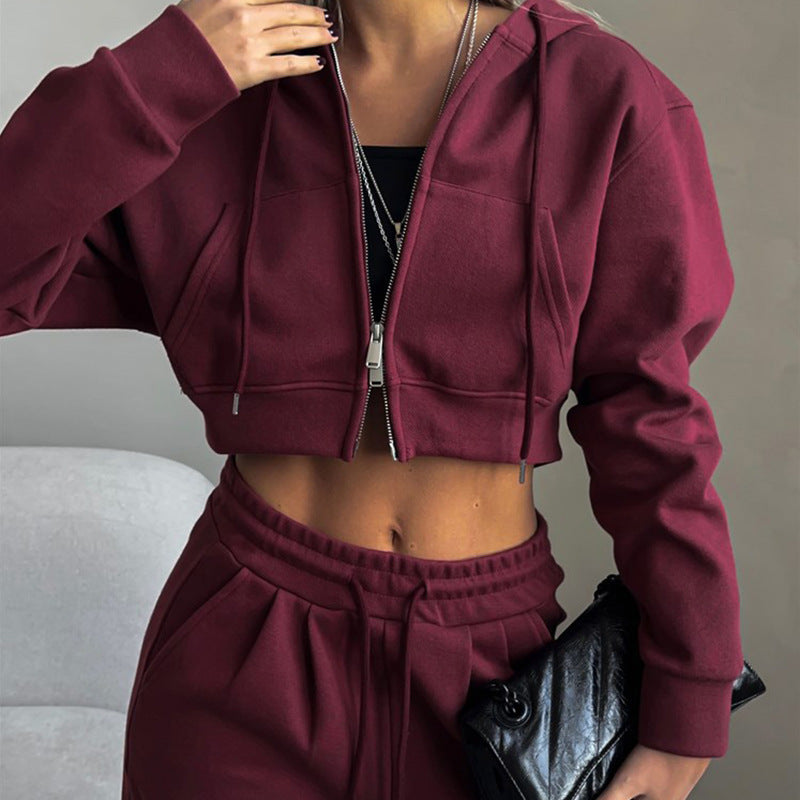 Casual Suit Solid Color Short Midriff Outfit Hooded Cardigan Lace-up Sweatpants null