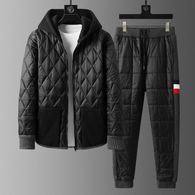 Alt Tag: Winter Hooded Cardigan And Padded Cotton Jacket TwoPiece Set black quilted hooded jacket and padded pants for men, warm casual set