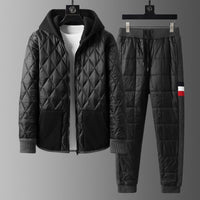 Alt Tag: Winter Hooded Cardigan And Padded Cotton Jacket TwoPiece Set black quilted hooded jacket and padded pants for men, warm casual set