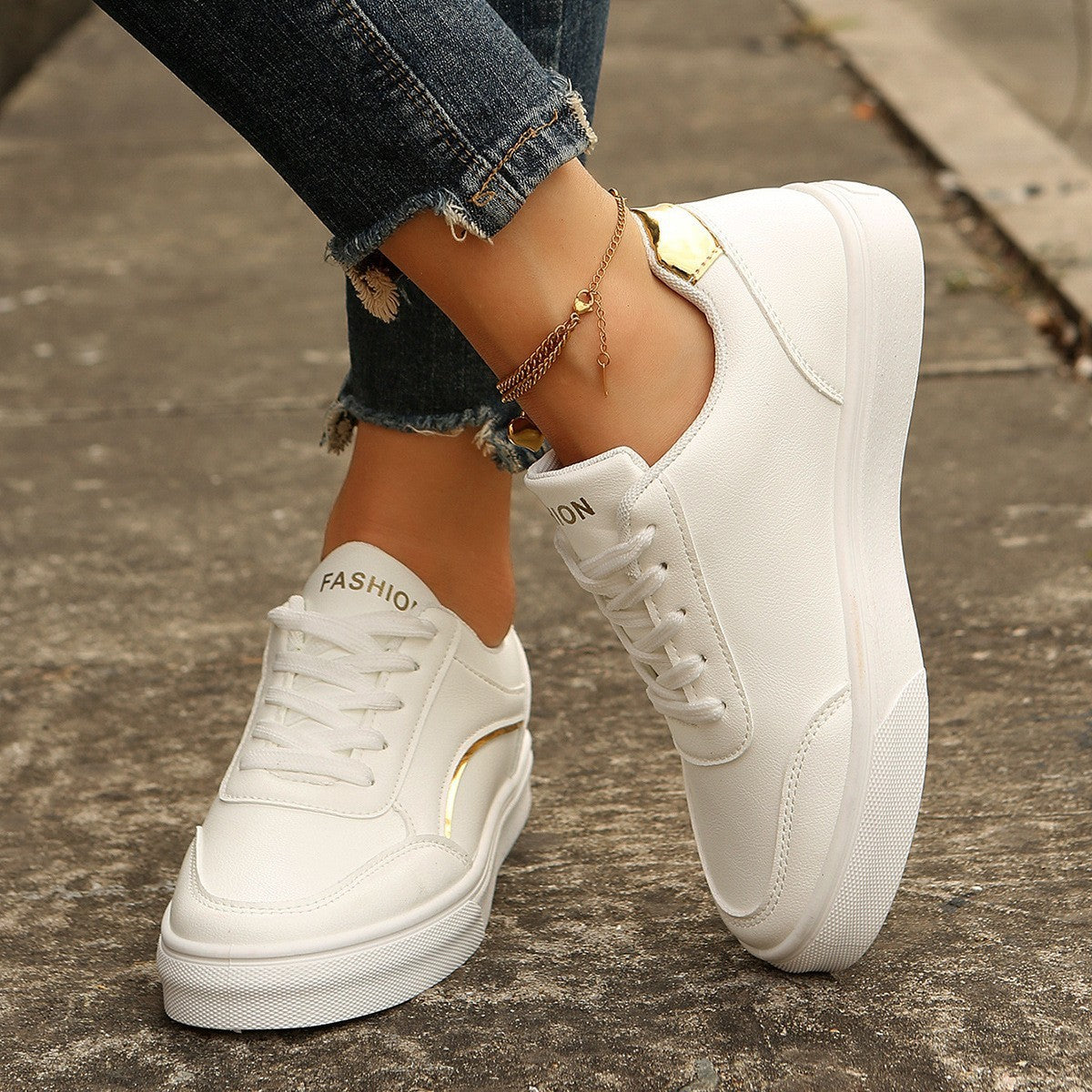 Lace-up White Flats Shoes Fashion Round Toe Slip-on Thick Sole Casual Shoes For Women null