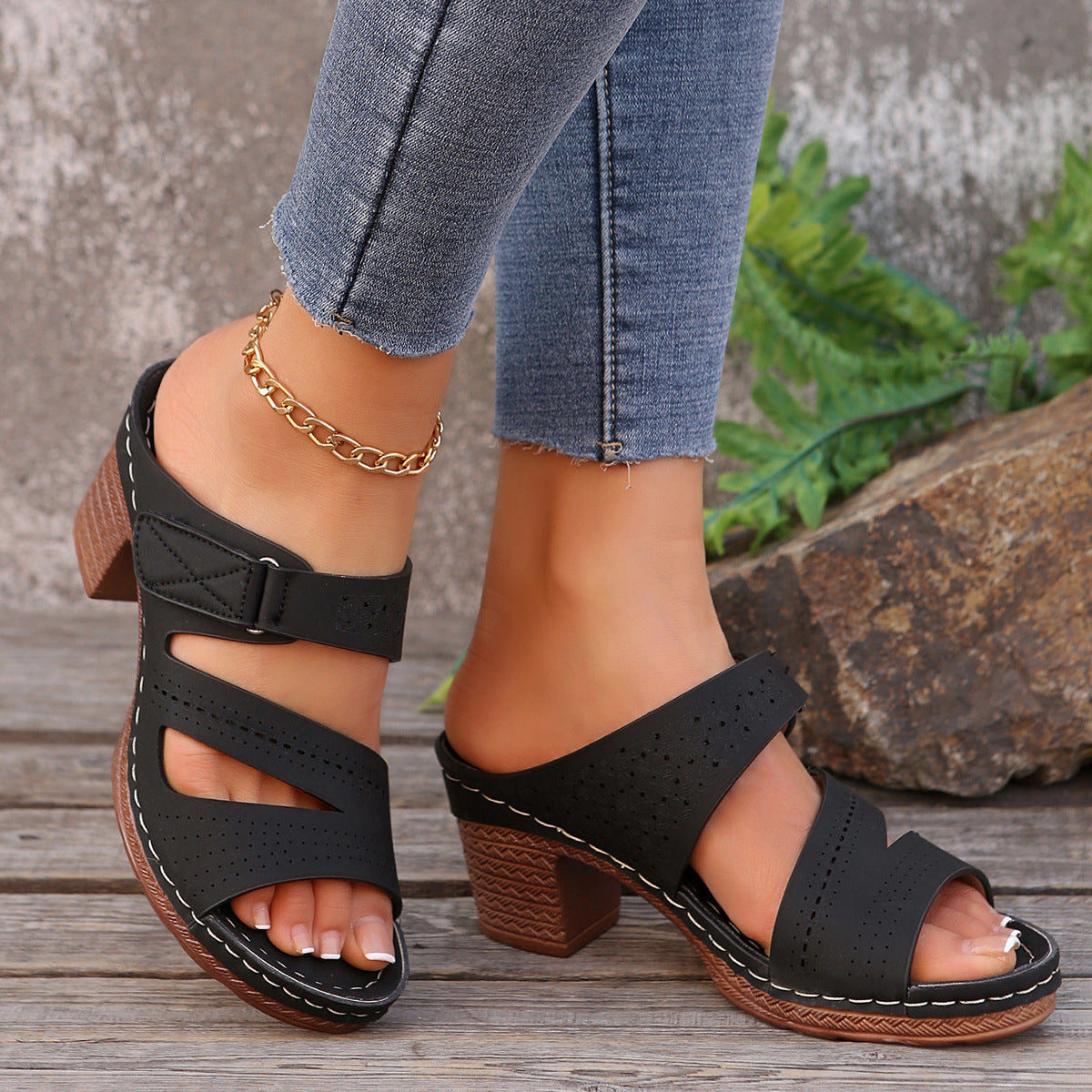 Square-heeled Peep-toe Slides Shoes Summer Casual Chunky Heel Sandals Solid Color Slippers null