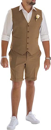 Men's Linen Suit 2 Piece Set Beach Wedding Shorts And Vest Suit