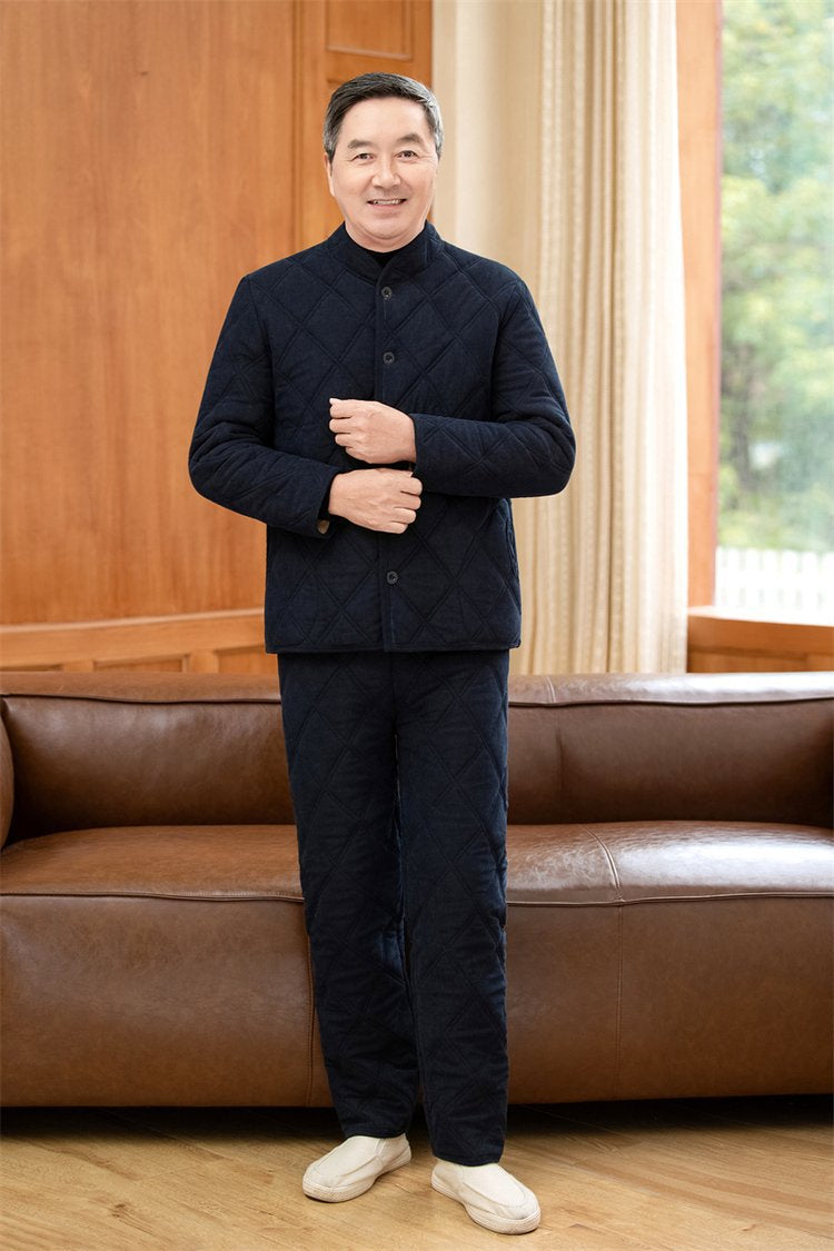Alt Tag: Winter Dads Cotton Padded Jacket And Pants Set for men, navy quilted winter jacket and pants outfit, loose fit warm set