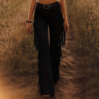 Womens Fitted, Stretchy Flare Pants With Tassels