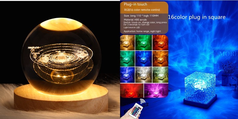 LED Water Ripple Ambient Night Light USB Rotating Projection Crystal Table Lamp RGB Dimmable Home Decoration 16 Color Gifts null