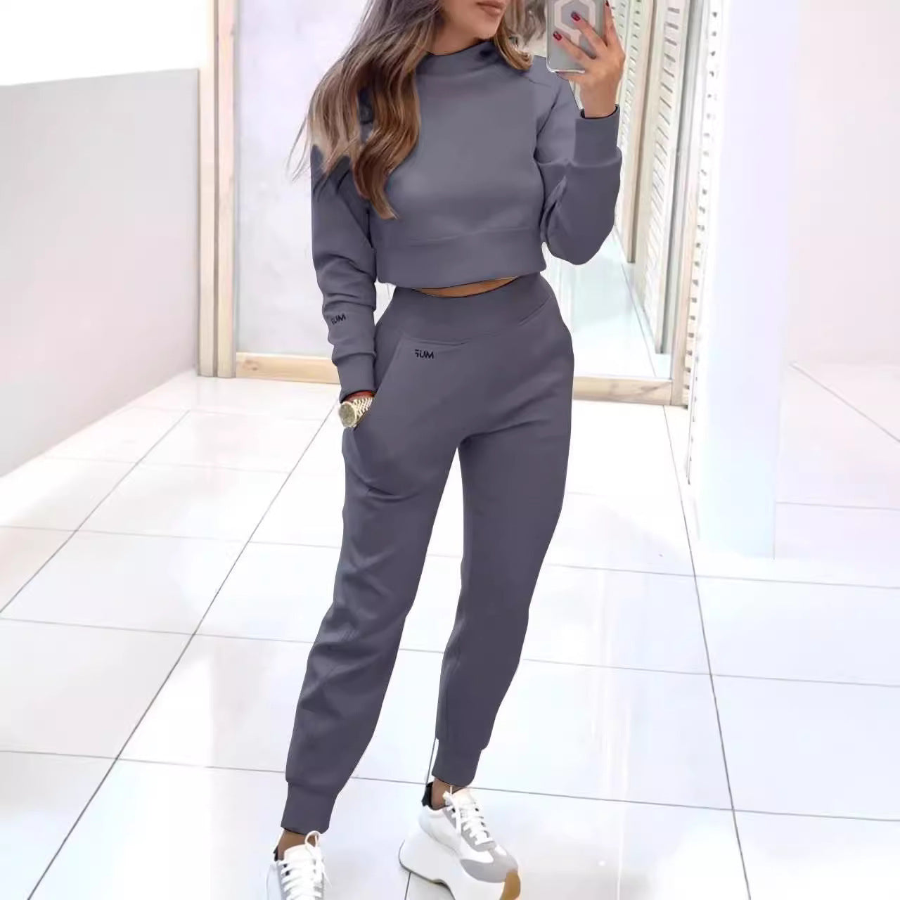 Stand Collar Sports Suit Fashion Pullover Long-sleeves Short Top And Slim Trousers With Pockets Solid Outfits Women's Clothing null