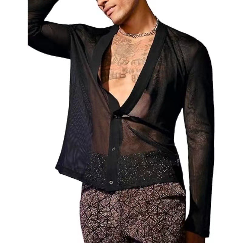 Men's Transparent Mesh V-Neck Cardigan Top