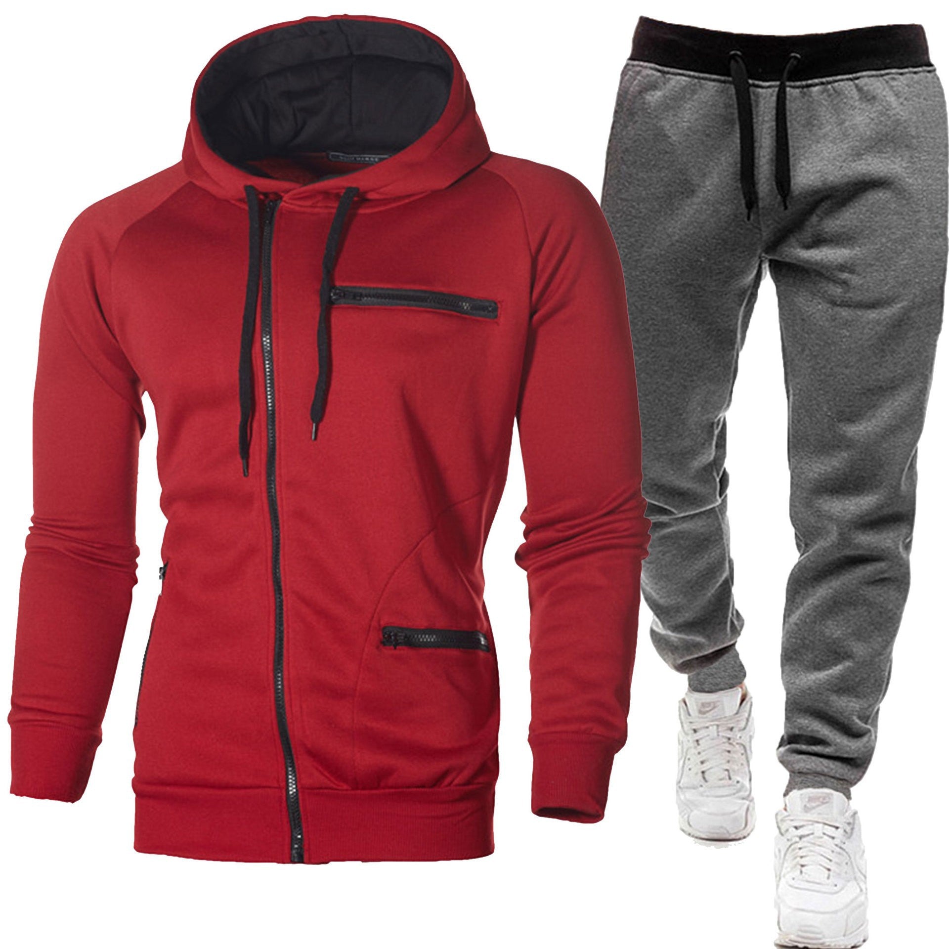 Men's Solid Color Sports Casual Jacquard Sweatshirt Fleece Hooded Cardigan Men's Suit