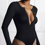 Solid Color Sexy Slim-fit Ribbed Button Long-sleeve Women's Bodysuit