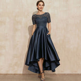 Navy Blue Satin Ball Lace Short Sleeve Dress