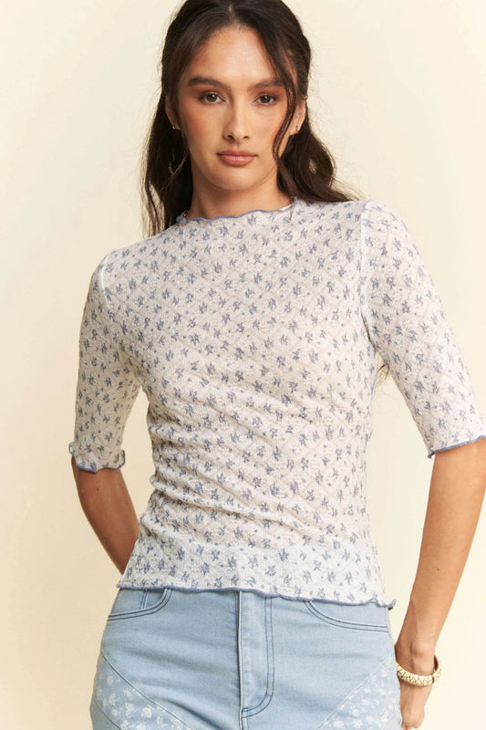 Davi & Dani Lace Stretch Floral Marrow Edge Half Sleeve Top - Update Avenue 