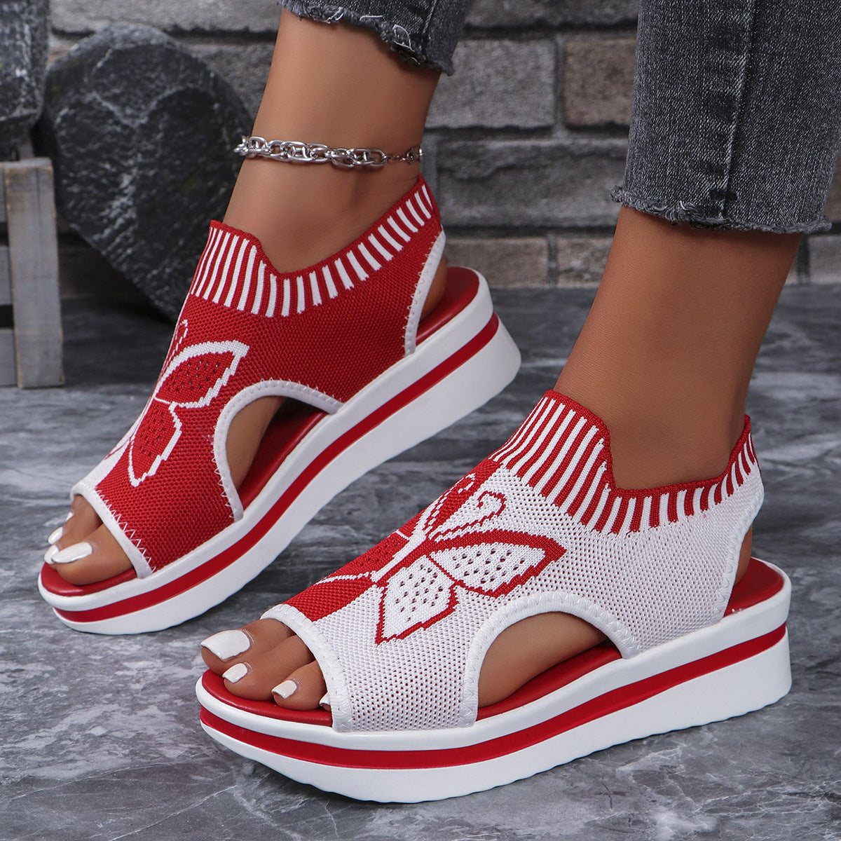 Summer Butterfly Print Sports Sandals Casual Breathable Flying Woven Flat Shoes For Women null