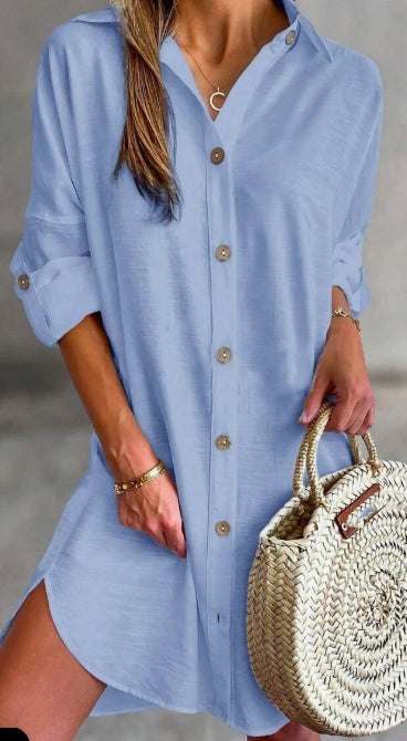 Women'S Simple Button-Down Casual Long Sleeved Shirt Dress Relaxing Resort Style Adjust Sleeve Length Shirt Dress null