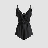 European And American Sexy Style Camisole Homewear Jumpsuit Summer Deep V-neck With Ruffles, Comfortable Top For Women