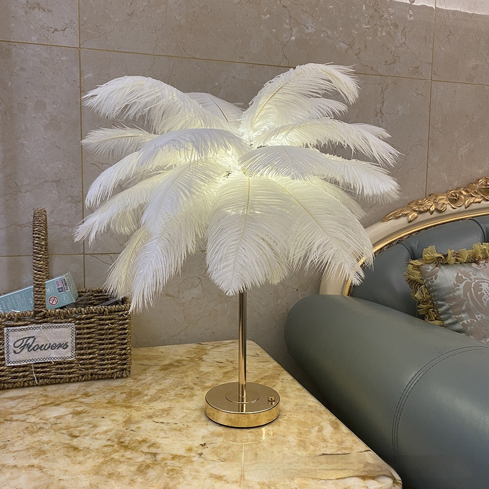 Natural Ostrich Feather Usb Charging Night Lamp Atmosphere Girls Bedroom Cozy True Feathers null