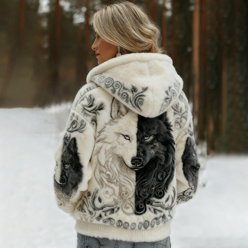 Womens Printed Street-Style Flannel Hoodie For Fall And Winter