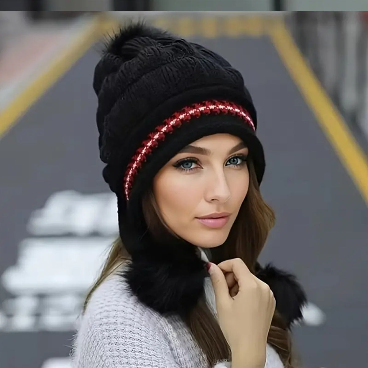 Cozy Knit Fleece-Feel Beanie With Ear Flaps & Pompom Warm Winter Hat For Women Perfect For Skiing & Outdoor Activities null