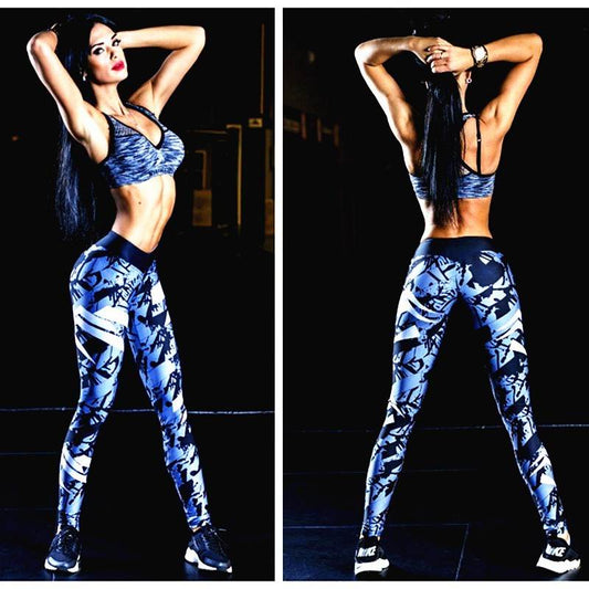 Dark Blue Printed Tight Gym Leggings - Update Avenue 