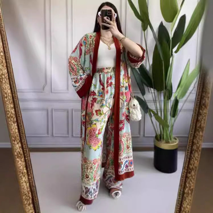 Casual Printed Design Long Shirt Wide Leg Pants Suit null