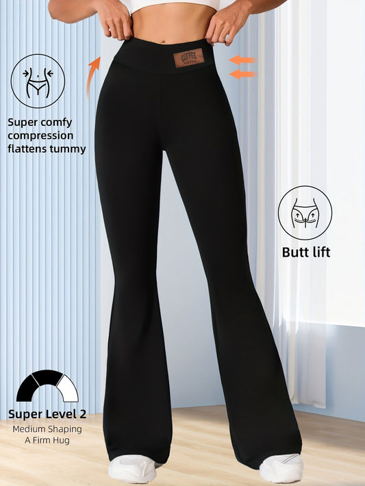 A Pair of High-Quality Women'S High-Waisted Fitted Long Pants, Featuring a Flared Design with an Elastic Waistband And Label, Designed to Lift The Buttocks And Slim The Waist, Made from Stretchy Material. Dropshipman