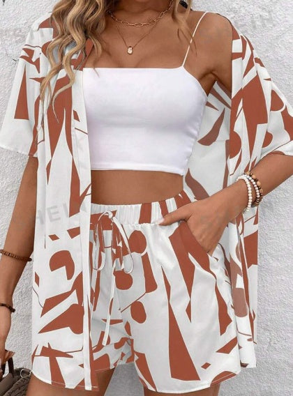 Women's Printed Open Front Shirt And Shorts Set null