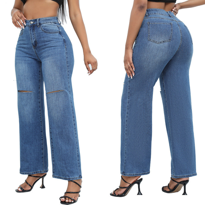 Elegant Ripped Wide-leg Jeans Women null