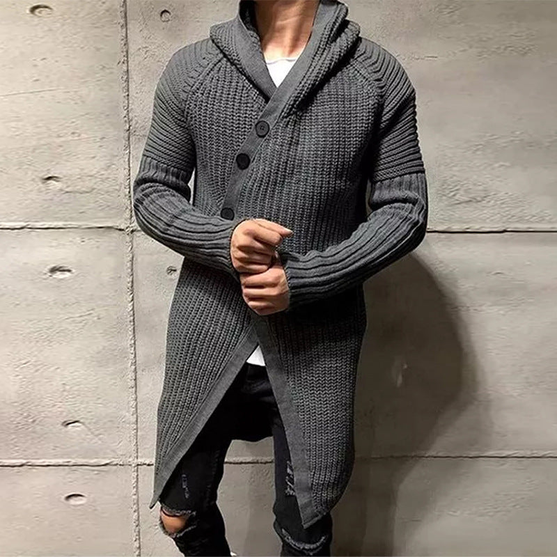 Long Knitted Hooded Sweater Coat Men Solid Color Button Casual Clothes null