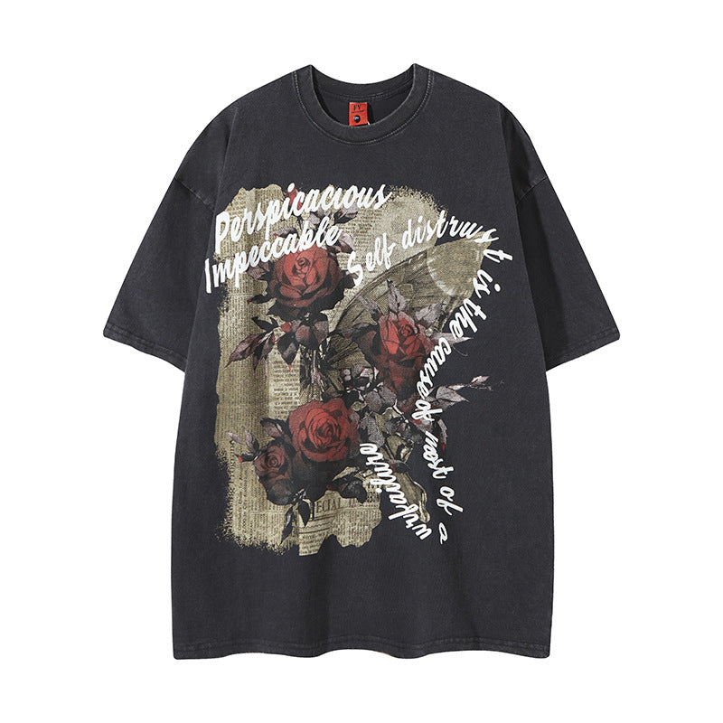 Rose Flower Printed Short-sleeved T-shirt