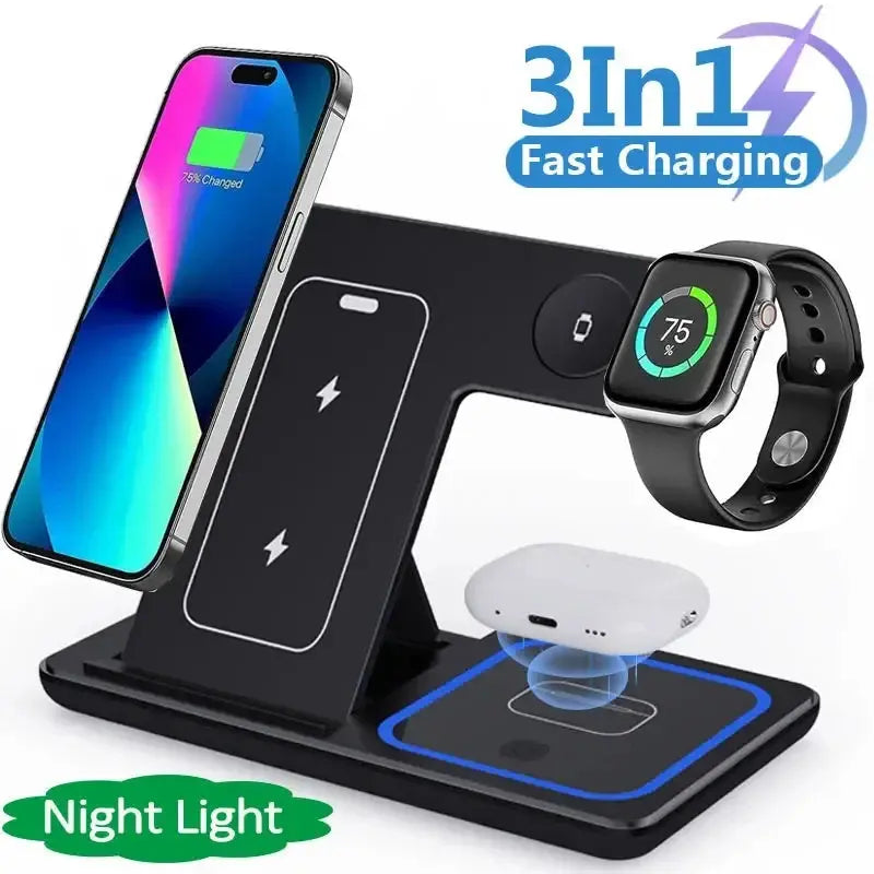 15W 3 In 1 LED Fast Wireless Charger Stand Foldable Charging Station For Smart Phone 15 14 13 12 11 IWatch 9 8 7 6 5 Airpods Pro null