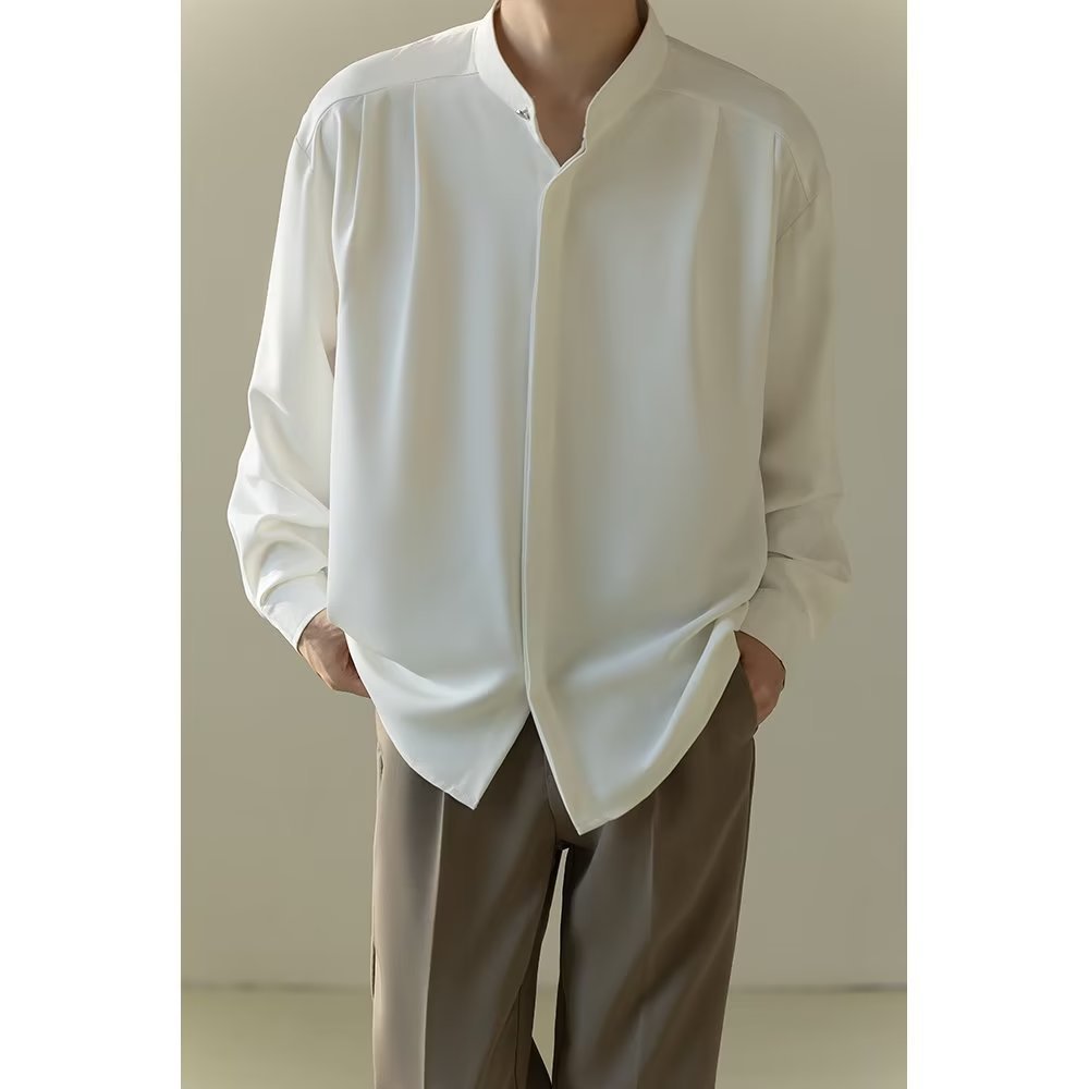 Mens Casual Loose-fitting Long-sleeve Shirt With A Stand-up Collar