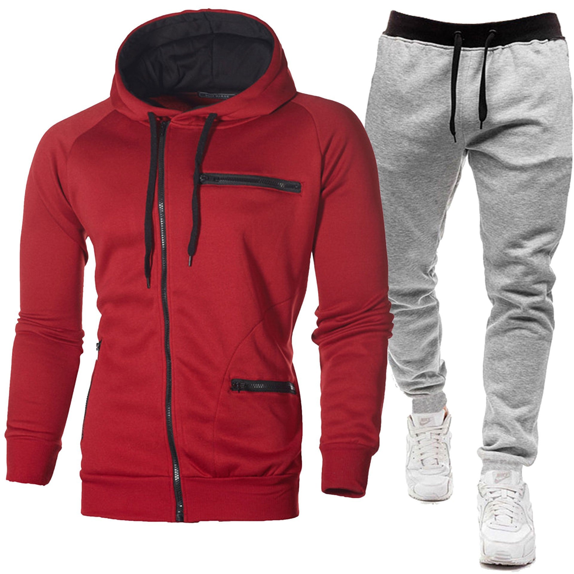 Men's Solid Color Sports Casual Jacquard Sweatshirt Fleece Hooded Cardigan Men's Suit