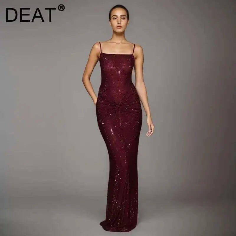 DEAT Fashion Gray Hot Drilling Spaghetti Strap Dress Women's Slim Fit Backless Folds Split Floor - length Dresses New Tide 7AB8510 Purplish Red DEAT Fashion Gray Hot Drilling Spaghetti Strap Dress Women's Slim Fit Backless Folds Split Floor - length Dresses New Tide 7AB8510 - shop_name