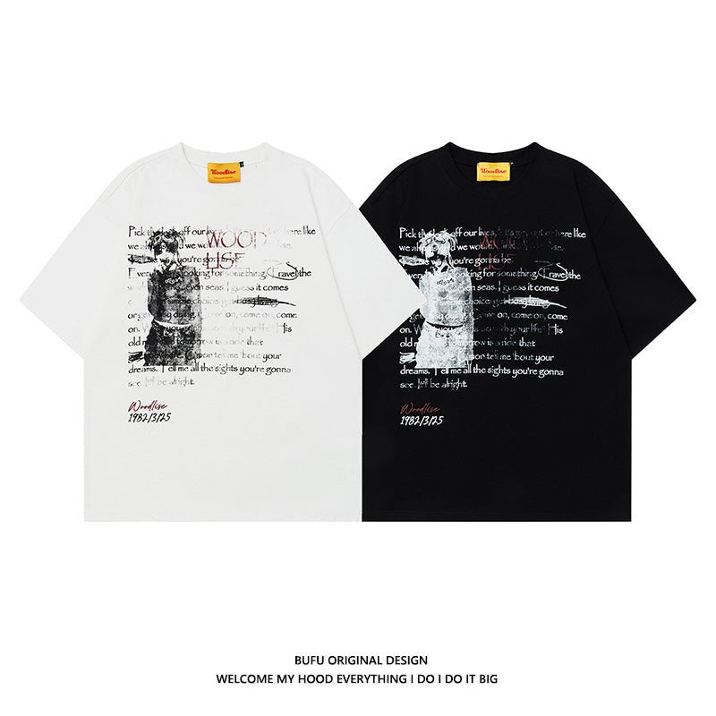 Design Pure Cotton Hip Hop High Street Retro Loose Short Sleeve T-shirt Men Black Design Pure Cotton Hip Hop High Street Retro Loose Short Sleeve T-shirt Men - shop_name