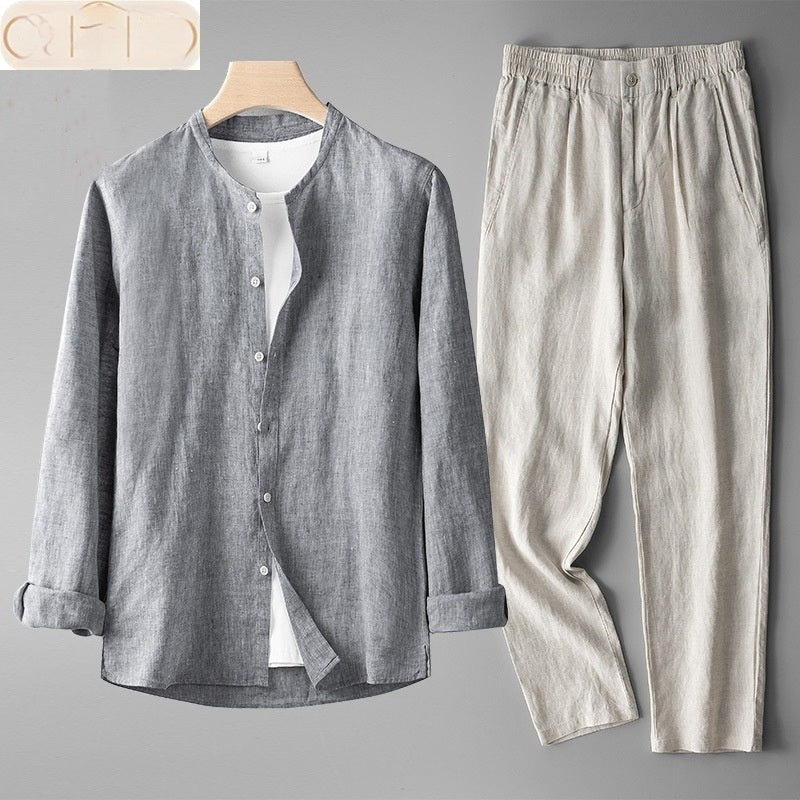 Men's Retro Thin Long Sleeve Linen Tang Suit Outfit