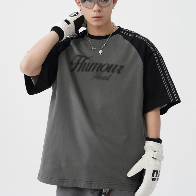 Retro Contrast Color Bright Line Raglan Sleeve Short Sleeve T-shirt Men's Summer New